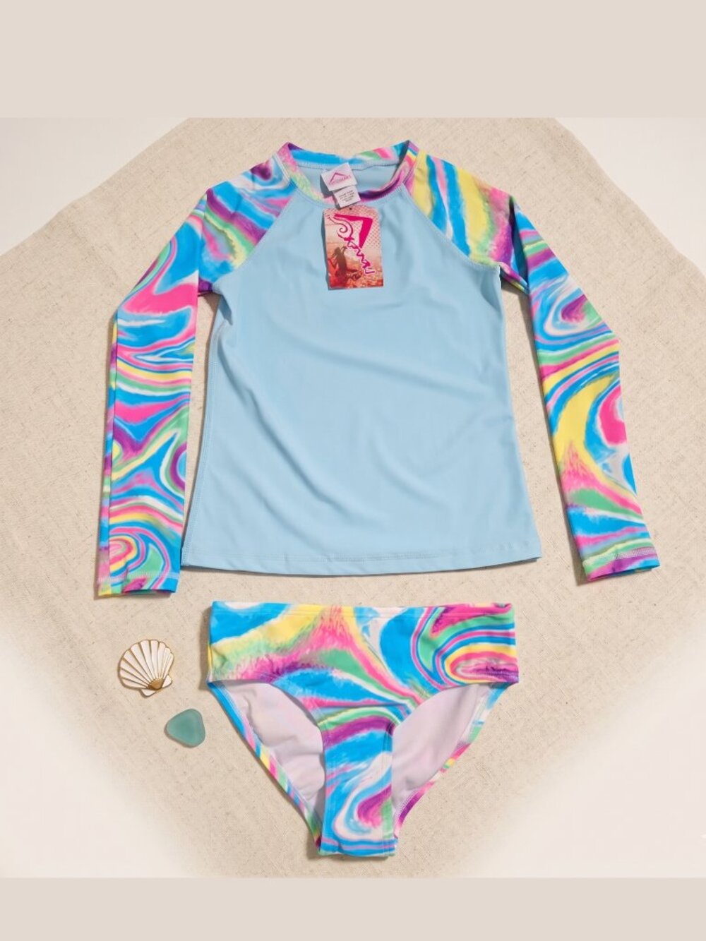 NWT | Kanu Surf 2-Piece Rash Guard Swimsuit Set | Multi-Colored Swirl | Size 14